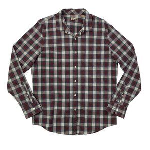 1901 Shirt Mens L Large Gray Crimson Cotton Check Button Up Long Sleeve Pocket